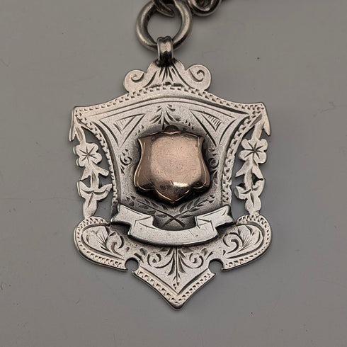 Circa 1919 British Antique Sterling Silver Albert Chain, 53g, Sterling Silver Medal Fob